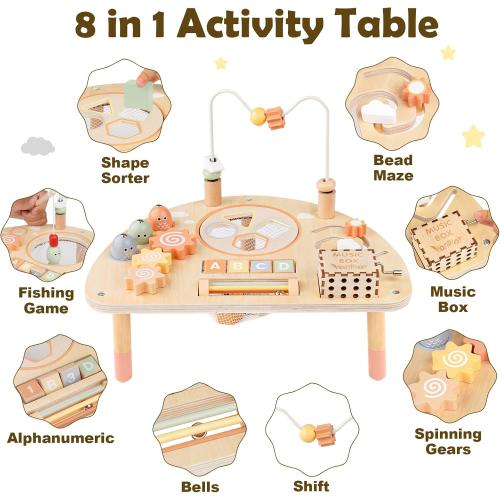 Activity Table for 1 Year Old, Montessori Toys for 1 2 Year Old Girls Boy Gifts, 8 in 1 Wooden Sensory Play Table for Toddler 1-3, Learning Toys for Baby 12-18 Months 1st Christmas Birthday Gifts