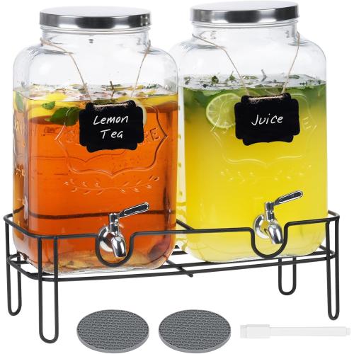 Bululuo 2 Pack 2 Gallon Glass Drink Dispensers with Stand & Spout | Beverage Dispenser with Stand for Juice and Iced Tea, Water Jug Dispenser for Lemonade, Party Beverage Pitcher with Spout
