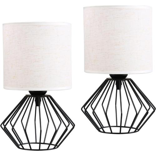 Hamilyeah Bedside Lamps Set of 2, Black Table Lamps with Beige Linen Fabric Shade, Industrial Lamps for Night Stands with On/Off Switch, Modern Simple Desk Lamps for Bedroom, Living Room