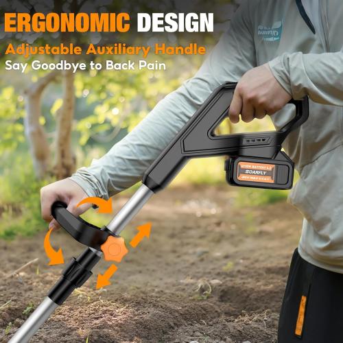 SOARFLY Upgraded Cordless Tiller for Gardening with Dual 2.0Ah Batteries, 48 Steel Tines Battery Rototiller, 9 Width 6.6 Depth Garden Tiller Cultivator for Soil, Tending & Composting (Orange)