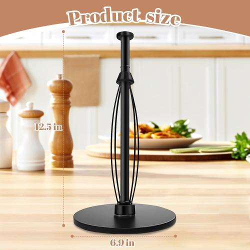 Paper Towel Holder Countertop, Stainless Steel Black Standing Weighted Paper Towel Holder with Non-Slip Suction Cup Base, One-Handed Tear Paper Roll Holder for Kitchen Bathroom