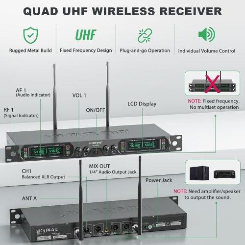 Phenyx Pro Wireless Microphone System, 4-Channel UHF Wireless Mic, Fixed Frequency Metal Cordless Mic with 4 Handheld Dynamic Microphones, 260ft Range, Mics for Singing, Church(PTU-5000-4H)