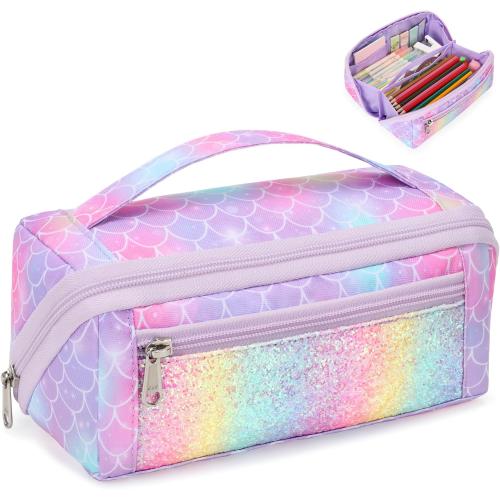 Large Pencil Case for Girls, Aesthetic Pencil Pouch for School, Wide Opening Organizer Box with Handle, Fits 50 Pens & Markers (Glitter Purple Mermaid)