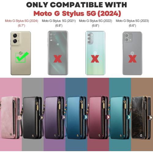 Defencase Compatible with Moto G Stylus 5G 2024 Case, RFID Blocking Wallet Case Compatible for Motorola Moto G Stylus 5G 2024 PU Leather Flip Strap Zipper Card Holder Phone Case for Women, Wine Red