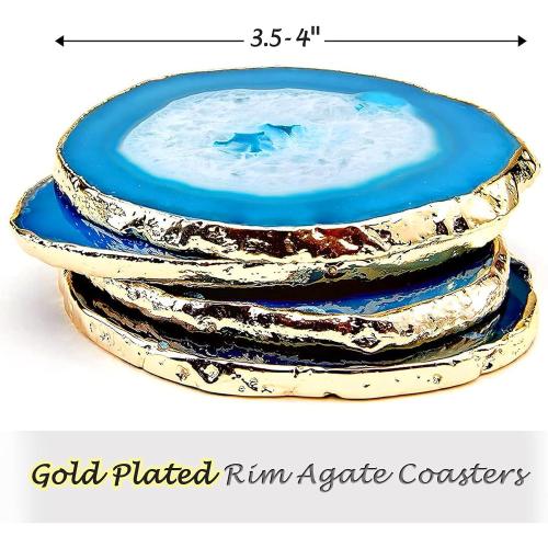 Set of 4 Color Blue Blue Agate Coasters Set of 4,Brazilian Geode Coasters for Drinks with Gold Rim(4-3.5),Natural Gem Stone Coasters Blue,Gemstone Cup Mat for Home Decor by Yougoals(4)
