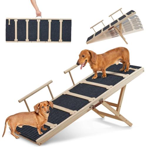 Wooden Dog Ramp for High Bed, 47.2 Long Non-Slip Dog Ramp for Couch, 6 Adjustable Heights from 15.7 to 28 with Side Rails Anti-Slip Traction Mat for Small Medium Large Dogs(Up to 160 Lbs)