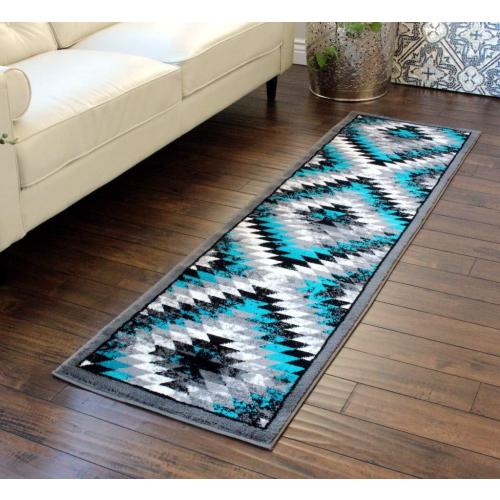 Masada Rugs, Stephanie Collection Area Rug Southwest Native American Distressed Design 1106 Turquoise Grey White Black (2 Feet X 7 Feet 3 Inch) Runner