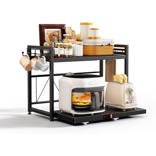NETEL Expandable Microwave Stand countertop,2 Tier Metal Kitchen Countertop Organizer Shelves with 8 Hooks,Bakers Rack,Microwave Shelf with Drawers and Cup Holders,55lbs Weight Capacity,Black