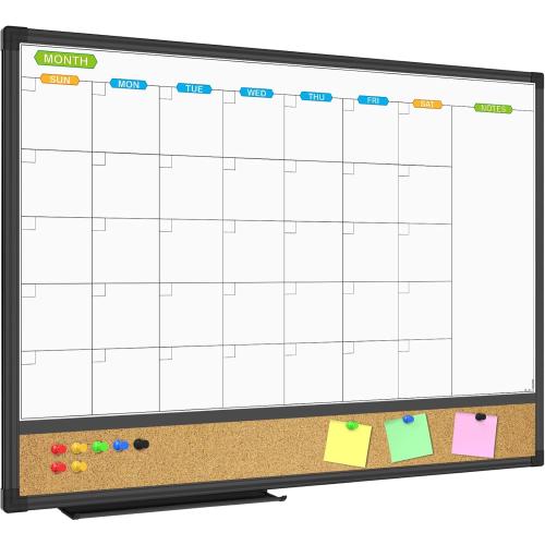 Size 24x18 JILoffice Magnetic Calendar Whiteboard & Bulletin Corkboard Combination, Combo Board 24 x 18 Inch, Black Aluminum Frame Wall Mounted Board for Office Home and School with 10 Push Pins