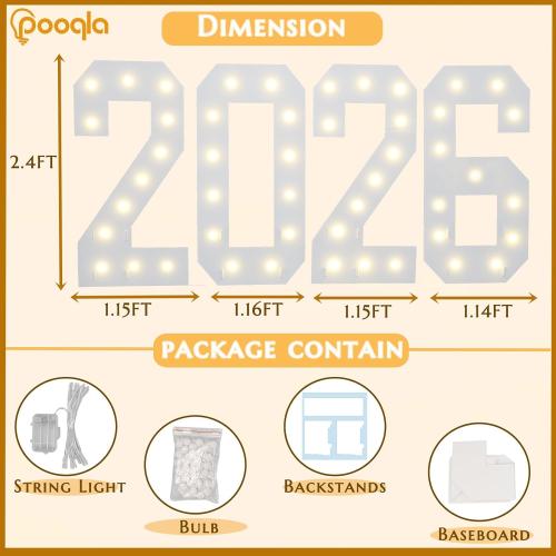 Pooqla 2.4FT Marquee Light Up Numbers for 2026 Graduation Party Decorations, Giant Letter Sign for Girl Boy Balloons Birthday New Year Party Back to School Classroom Decoration, Warm White Number 2026
