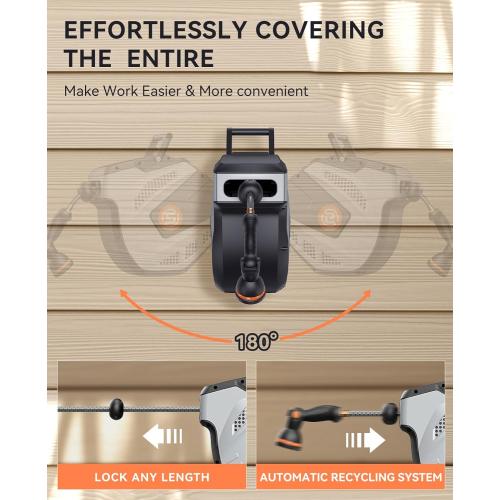 Black Grey and Orange SUNPOW Retractable Garden Hose Reel - 1/2 inch x 50ft Wall Mounted Hose Reel with 3/4 inch Brass Fitting & 10 Function Sprayer Nozzle - Any Length Lock, Auto Rewind System, 180°Swivel Bracket - Grey