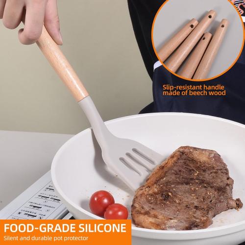 Kitchen Utensils Set-34 Pcs,Silicone Cooking Utensils Set for Nonstick Cookware,446℉Heat Resistance Silicone Spatulas Set, Wood Handle-Kitchen Gadgets Tools (Khaki)