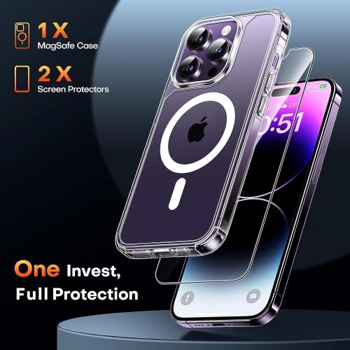 TAURI 3 in 1 for iPhone 14 Pro Max Case, Compatible with MagSafe [Not-Yellowing] with 2X Screen Protector, Military-Grade Protection, Magnetic Case for iPhone 14 Pro Max 6.7, Clear