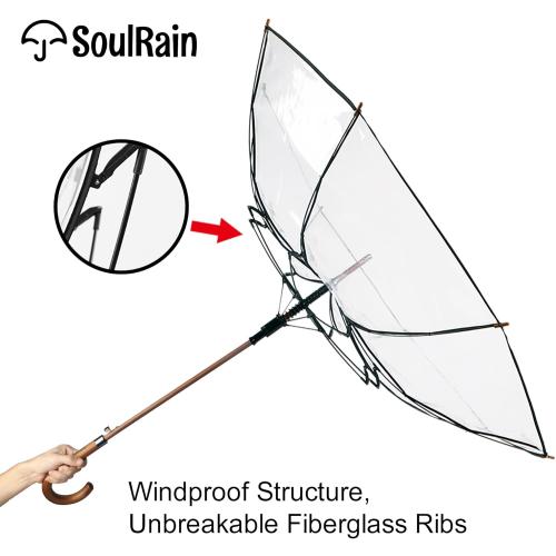SoulRain 48 Clear Bubble Umbrella – Large Transparent Umbrella for Rain, Windproof & Automatic Open, Wedding Umbrellas for Women & Men, Vintage Stick Cane with Wooden Handle(Clear)