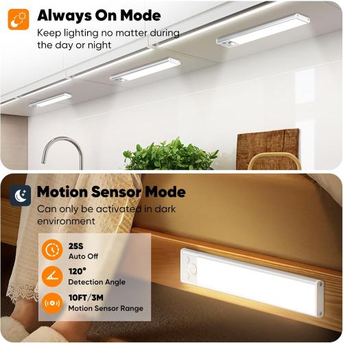 Under Cabinet Lights, 68-LED Rechargeable Battery Operated Motion Sensor Lights Indoor, 1800mAh Magnetic Dimmable Closet Lights, 3 Color Wireless Under Counter Night Lights for Kitchen Stair, 3 Packs