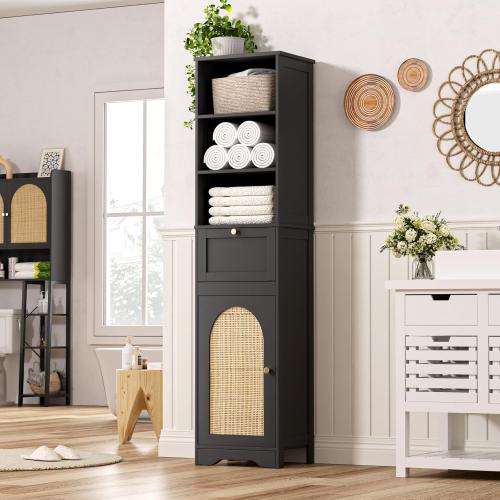 Size 67H Color Black Bathroom Storage Cabinet with Rattan Doors and Slide Storage, Tall Narrow Standing Tower Cabinet with Adjustable Shelves, Small Bathroom Floor Organizer for Entryway, Kitchen, Black