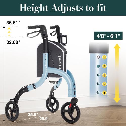 3 Wheel Walkers for Seniors, Lightweight Rollator Walkers Foldable for Elderly with Cane Hold and Cup Hold, Height Adjustable Aluminum Three Wheel Rolling Walker Mobility Aid, Blue