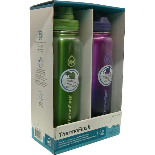 ThermoFlask 40 oz Bottle with Spout and Straw Lid - Stainless Steel, Double-Wall Insulation & BPA-Free - Leakproof, Resuable - Forest Green/Purple Sunset (2 Pack)