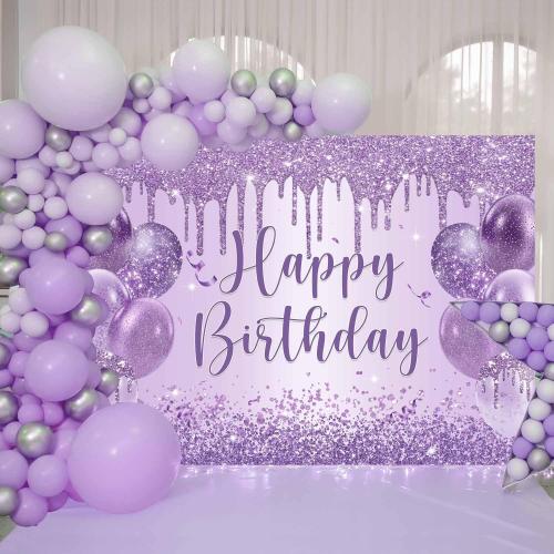 Sensfun Purple Happy Birthday Backdrop Banner Shiny Glitter Balloon Photography Background for Women Girls Sweet 16 18th 21st 30th Birthday Party Decorations Banner Photo Booth Props 6x4ft