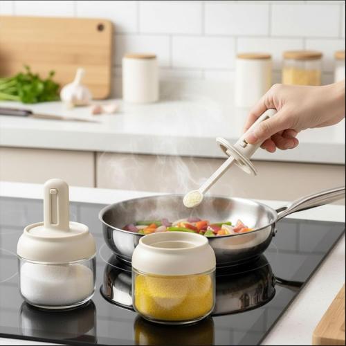 Povinmos® 3 Piece Glass Salt Container | Storage | Pepper,Table Salt, Sugar,Gourmet Salts,Spice |Chili Herbs |10 oz |Glass Salt Container with Lid and Retractable Spoon