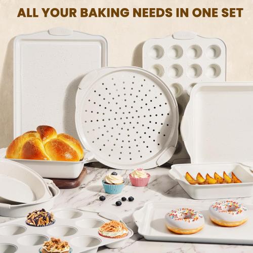 Kikcoin 22 PCS Nonstick Baking Pans Set, Stackable Bakeware Sets with Silicone Handles, 450°F Oven Safe Baking Sheet Set, Easy Release Cookie Sheets for Baking, Cream