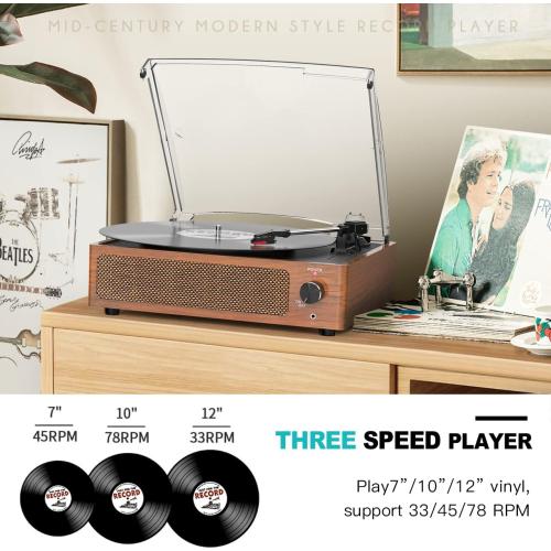 Vinyl Record Player with Speakers Vintage Turntable for Vinyls Records Belt-Driven Turntables 3-Speed Bluetooth Playback Headphone AUX RCA Line LP Vinyls Players for Sound Enjoyment Retro Brown