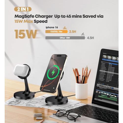 Magnetic Wireless Charger iPhone Stand 15W Fast Mag-Safe Charger for iPhone 16/16 Pro/16 Plus/16 Pro Max/15/14/13/12 Series Apple Magnet Wireless Charging Station/Pad for AirPods