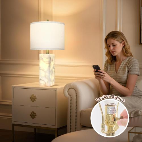 Scenekoy Alabaster Table Lamp Set of 2 with Night Light for Bedroom Living Room, 23 Rotary Switch Bedside Lamp with Linen Shade, Modern Nightstand Lamps for Room Office Dorm (Bulb Included)
