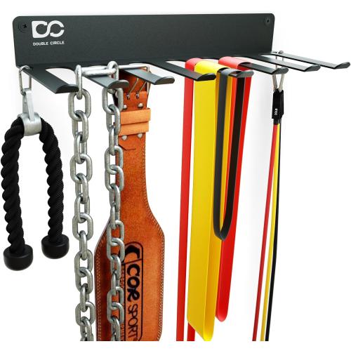 Double Circle Gym Equipment Storage Rack - Multi Purpose Gym Equipment Wall Rack Hanger for Pro Home Gym Storage for Exercise Bands, Barbell Bar, Jump Ropes, Chains, Lifting Belts (17 - Hooks)