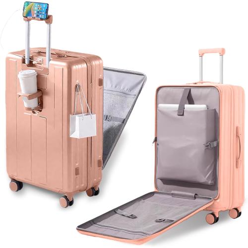Gets Carry on Luggage Airline Approved,20 Inch Abs Pc Hardshell Spinner Luggage With Cup Phone Holder and USB Charger,Front Pocket Durable Suitcase for Women Men-Pink( has a crack by the side handle)