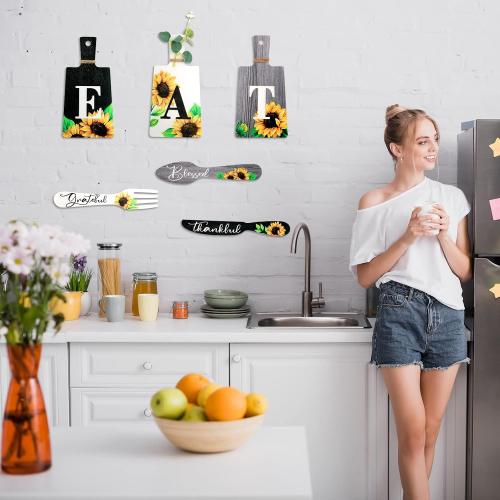 Bucherry Sunflower Kitchen Wall Decor Sets, 6 Wooden Eat Signs Decor