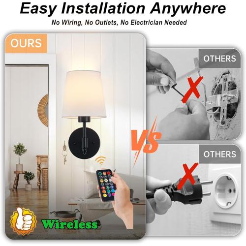 Rechargeable Wall Sconces Set of 2, Black Cordless Battery Operated Sconce with Dimmable LED Bulb and Remote, 13 Colors Wall Lights for Bedroom Living Room Hallway