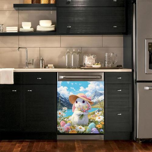 BVBOX Dishwasher Magnet Cover 23x26 Reusable Magnetic Refrigerator Covers Dishwasher Magnets Decorative Cover Fridge Door Skin Panel Stickers (Pink Hat Rabbit, 23 W x 26 H)