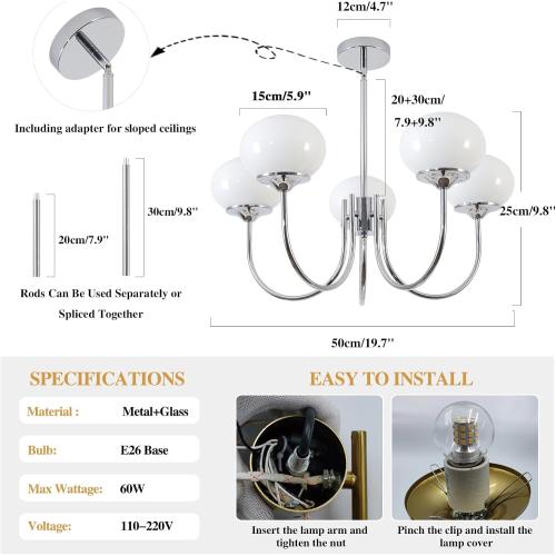 BOKT 5 Light Globe Chandelier Modern Milk Glass Chandelier Pendant Light White and Silver Vintage Semi-Flush Mount Ceiling Light for Kitchen Island Living Dining Room