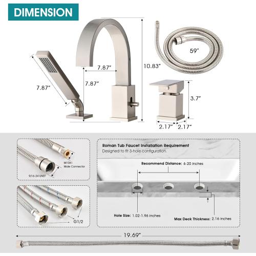 Brass Roman Tub Faucet with Sprayer, Deck Mount Bathtub Faucet with Hand Shower, 3 Hole Waterfall Faucet with 360 Spout, Single Handle Tub Filler with 8 GPM High Flow, Brushed Nickel