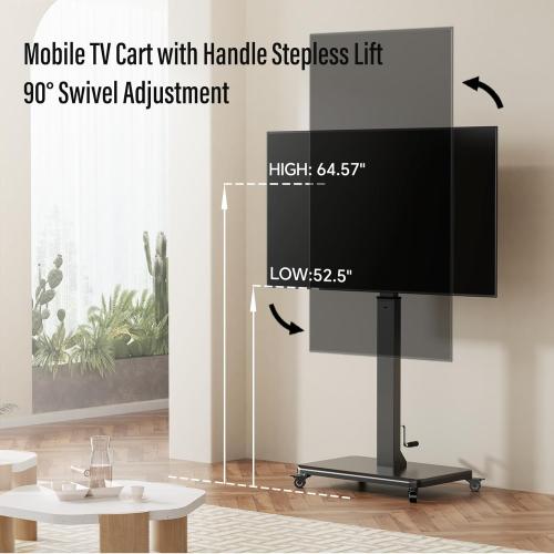 Mobile TV Cart with Handle Stepless Lift,Rolling TV Stand for 42-75inch TVs with 90 Rotating,Portrait to Landscape,Height Adjustable TV Stand with Wheels Holds up to 110lbs,Max VESA 600x500mm (Black)