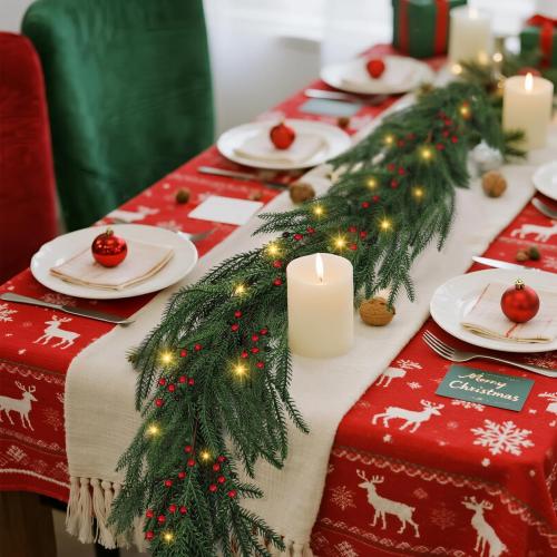 Norfolk Pine Garlands with Light ，Pre-Lit Christmas Garland,Dense Norfolk Pine Real Touch Garlandfor Table, Mantle, Staires, Wall, Premium Indoor/Outdoor Christmas Decorations (2, 6ft)