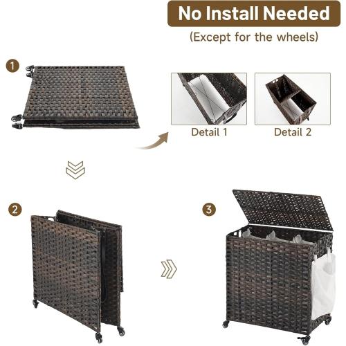 Laundry Hamper with Wheels, 39.6 Gallon(150L) Rolling Laundry Basket with Lid, 3-Section Rattan Clothes Hamper with 3 Removable Liner & 3 Mesh Bags, Laundry Sorter with Side Pocket, Brown