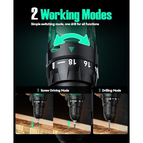 KIMO 20V Cordless Drill Set with 2 Packs 2.0Ah Battery, Max 350 In-lb Torque, 1350 RPM, 3/8 Keyless Chuck, 18 2 Clutch Setting, 18pcs Accessories, Power Drill for Drilling Wood Bricks Walls Metal