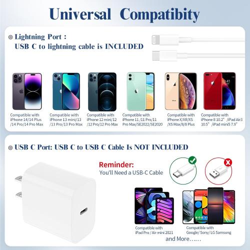 Ximytec iPhone 14 13 12 11 Charger Fast Charging [MFi-Certified] 2Pack 20W Type-C Fast Charger Blocks with 6FT USB C to Lightning Cables Compatible with iPhone 14/13/ 12/11/ XS/XR/X/ 8 /iPad (White)** missing one cord**