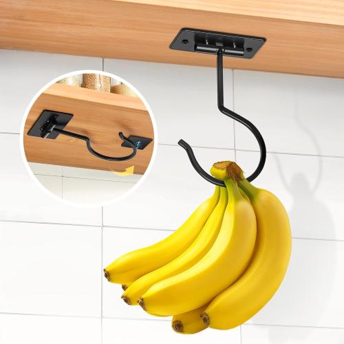 Self Adhesive Banana Hook Under Cabinet Foldable Banana Hanger | Black Metal Under Counter Banana Hook Holder to Keep Bananas Fresh Banana Holder for Kitchen RV Space Saving