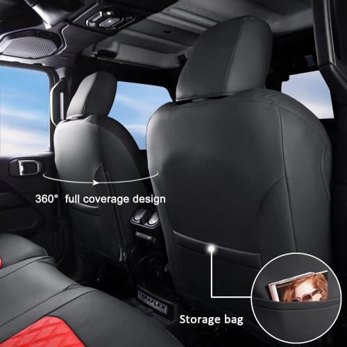 GIANT PANDA Jeep Wrangler 4 Door JL 2018-2025 Full Set Car Seat Covers for Sahara Sport Rubicon Unlimited Willys Without Rear Cup Holder,Faux Leather (Black Red)