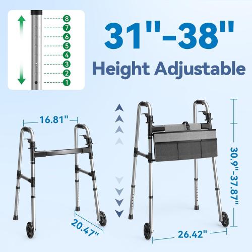 Folding Walker with Basket and Glide Skis, 5 Wheels Lightweight Walkers for Seniors and Adults, Supports Up to 350 Pounds, Adjustable Height, Compact Standard Walker