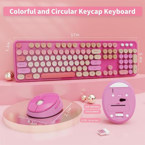 SkyGive Wireless Keyboard and Mouse Combo, Ergonomic Full Size Typewriter Retro Round Keycaps Keyboard, Compatible with Windows, PC, Perfer for Home and Office Keyboards （Red）