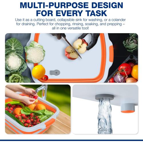 2-Pack XL Collapsible BBQ Prep Tub with Built-In Cutting Board, Lid & Strainer – Marinate, Drain & Prep – Large Food-Safe Container – Perfect for Grilling, Smoking & Outdoor Cooking