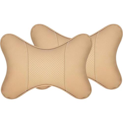 2PCS Car Neck Pillow for Kia Rio Sorento Sportage Ceed, Universal Leather Ergonomic Support Headrest Cushion with Adjustable Strap Soft Comfortable for Driving Fatigue Relief,Beige