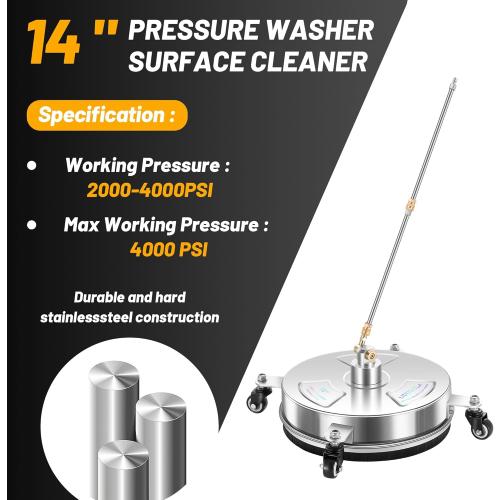 14 Pressure Washer Surface Cleaner with 4 Wheels - Stainless Steel Surface Cleaner for Pressure Washer Attachment for Concrete, Patio, Sidewalk, Deck and Driveways - PWS14