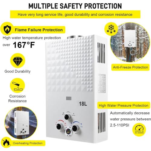 Tankless Water Heater Propane 4.74GPM 18L Outdoor Portable GasHot Water Heater Instant Propane Water Heater with Digital Display Multi-Protection for Camping Trips Boat