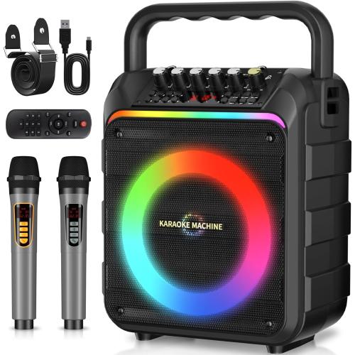 Karaoke Machine with 2 Wireless Microphones, Portable Bluetooth Speaker with Bass/Treble Adjustment, PA System with Remote Control, LED Light, Support REC/FM/AUX/USB/TF for Home Party