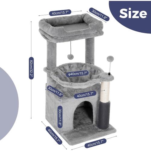 Color Grey pawfessor 5 in 1 Cat Tree 32 Inches Cat Tower with Self Groomer,15.7”Large Hammock, Fully Scratching Post, Removable Top Perch and Wide Condo for Indoor Cats-Gray